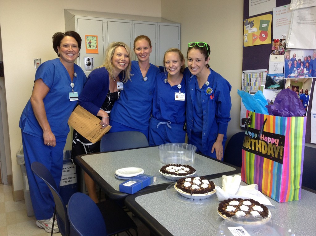 Dr. Green (far left) celebrates her 30th birthday with coworkers.